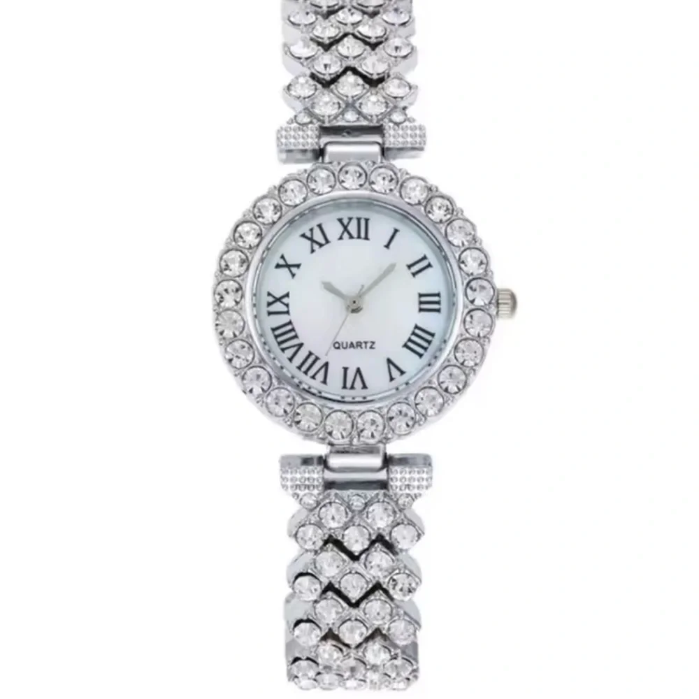 Roman Elegant Silver Crystal Bracelet Watch